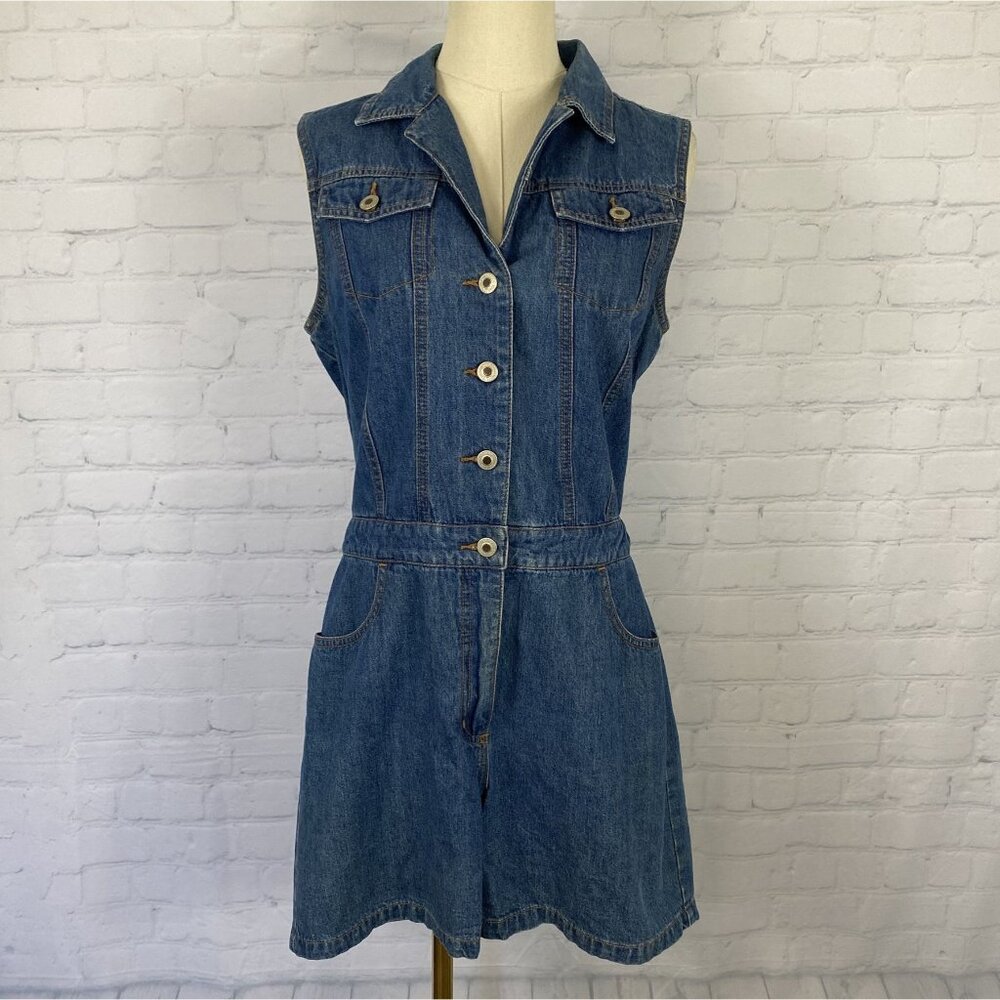 LONDONJEAN Sleeveless Denim Romper Dress in Medium Blue